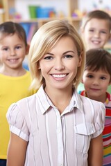 portrait of a confident preschool teacher smiling at her students