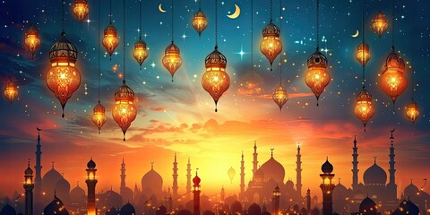Eid Al-Fitr Balloons: Bright and cheerful balloons in the shape of stars and moons rising into a sky at dawn, marking the joy of Eid after Ramadan, with Eid Mubarak in joyful, vibrant typography - obrazy, fototapety, plakaty