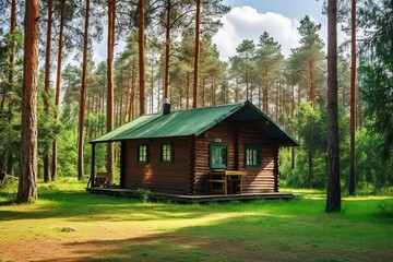 Fototapeta premium Small wooden house or cabin in a pine forest for recreation, camping in the forest, barbecue in nature