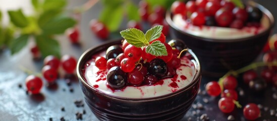 A delightful bowl of yogurt adorned with red currants, blueberries, and boysenberries, showcasing the natural goodness of fruits in this delectable recipe.