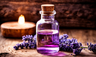 Fototapeta na wymiar lavender essential oil in bottles. Selective focus.