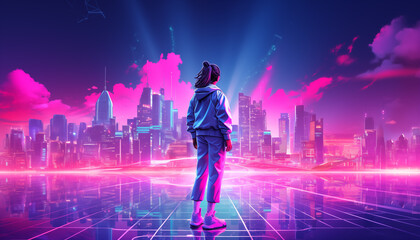 Beautiful synthwave girl in a nice looking clothes in a synthwave world, retrowave neon city. AI Generative.