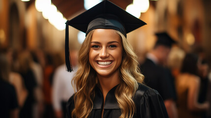 Graduate girl with master degree in black graduation robe and cap happy young woman careerist have success in her business. - 731627848