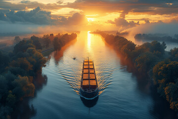 A cargo barge navigating through a tranquil river, transporting goods efficiently. Concept of river transport. Generative Ai.