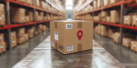 Logistics Precision: A Single Package with a Location Pin Awaits Dispatch in a Well-Organized Distribution Warehouse, Generative AI