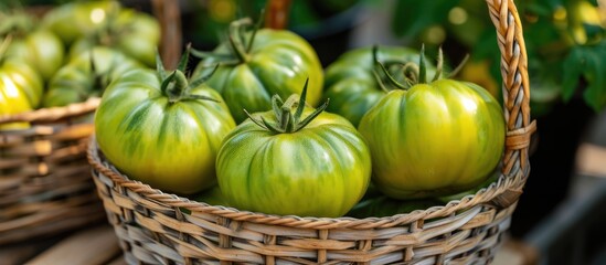Unripe green tomato in a basket for cooking or serving. - obrazy, fototapety, plakaty