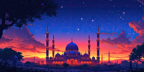Digital Pixel Art Mosque: A playful and modern pixel art representation of a mosque under a starry night, appealing to a tech-savvy audience with Pixelated Ramadan Joy in vibrant - obrazy, fototapety, plakaty