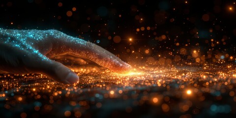 A Human Hand Interacts with a Swirling Galaxy of Digital Particles, Symbolizing Connection and Innovation, Generative AI - obrazy, fototapety, plakaty