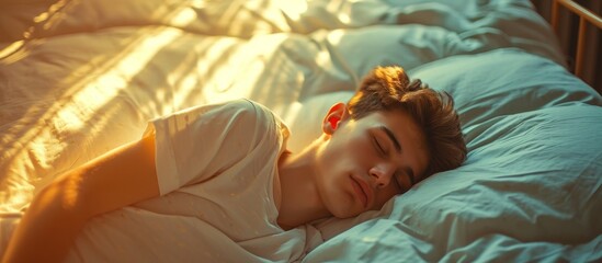 A young man peacefully sleeps on white sheets, enjoying the comfort and leisure of his bed, while his hair rests gently on the pillow.