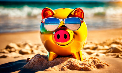 piggy bank on the beach. Selective focus.