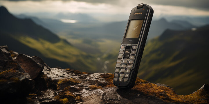 Slim and compact satellite phone, Old retro mobile phone on dark background
