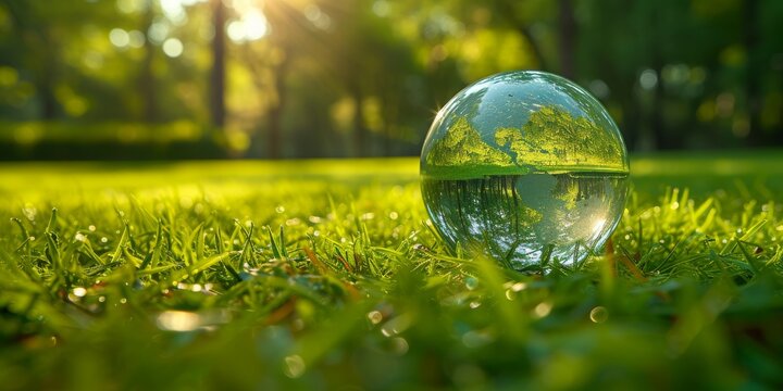 Environmental Stewardship Visualized: A Transparent Globe Rests Gently on Lush Moss, Symbolizing Sustainable Living on Earth, Generative AI