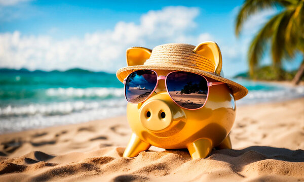 piggy bank on the beach. Selective focus.