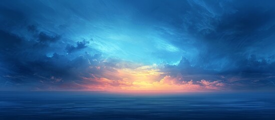 Obraz premium The blue sky and clouds create a picturesque atmosphere as the sun shines over the ocean, forming a stunning natural landscape with a hint of afterglow at dusk.