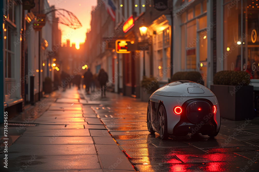 Poster a delivery robot rolling down a sidewalk, bringing packages to customers efficiently. concept of rob
