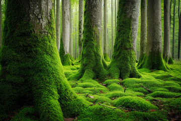Showcasing Moss-Covered Tree Trunks Bringing Magical Atmosphere to Forest. Captures Mystique of Nature.