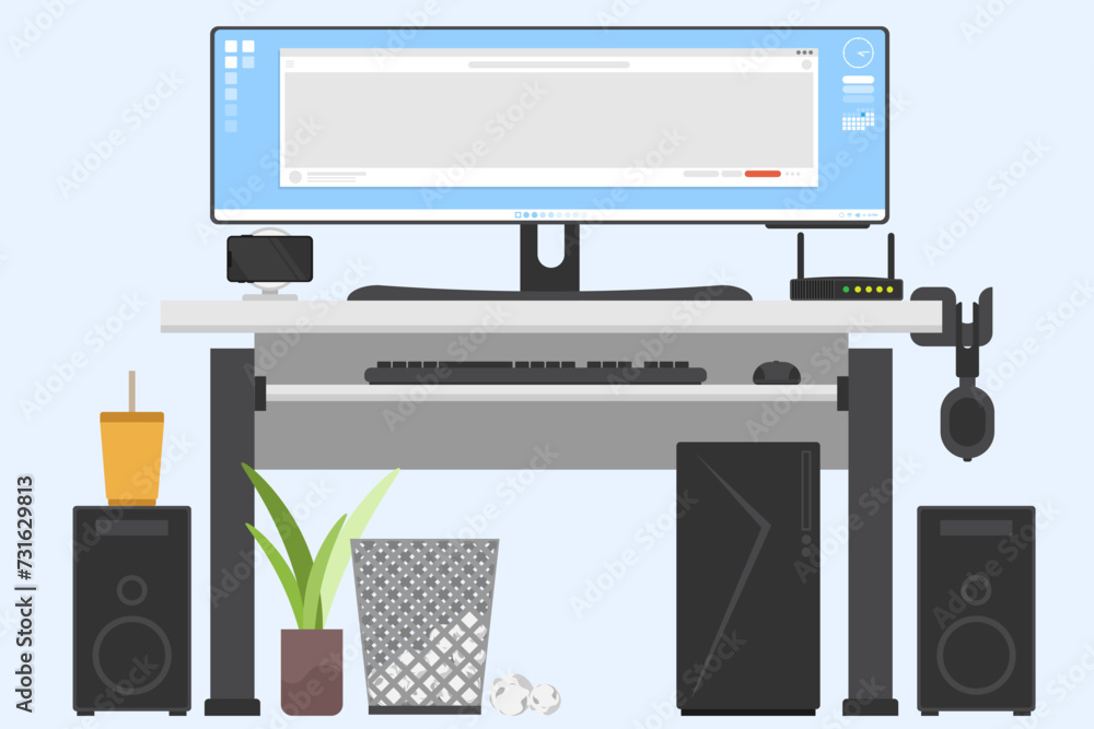 Poster modern worktables with ultrawide monitor, front view of computer desk, speaker and headphone and pho