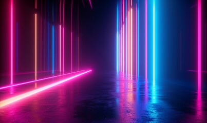3d rendering, abstract neon background. Modern wallpaper with glowing vertical lines, Generative AI