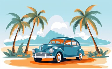 Classic Car by the Shore: A Retro Tropical Getaway - Generative AI