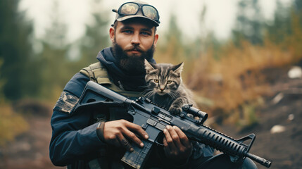 Portrait of a military man with a gun holding a kitten