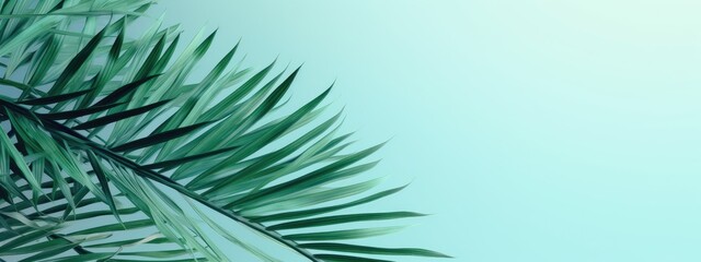 Fototapeta na wymiar Tranquil Green Palm Leaves Framing a Serene Turquoise Background - Generative AI