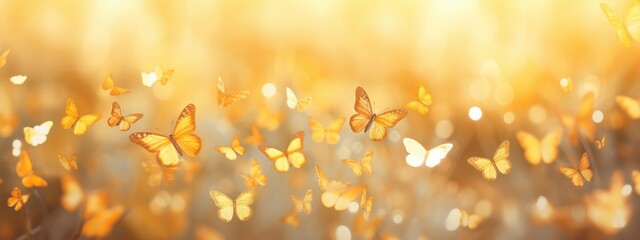 Obraz na płótnie Canvas Sunlit Dance: A Serene Meadow Alive with the Flutter of Golden Butterflies - Generative AI