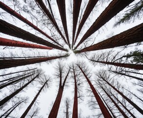 An upward view of a circle of red wood trees