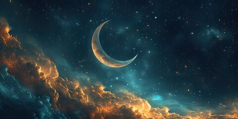 Ramadan Kareem in the Cosmos: An imaginative design that places the crescent moon and stars within the vast expanse of the cosmos, highlighting the universal significance of Ramadan Ramadan Kareem - obrazy, fototapety, plakaty