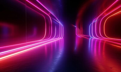 cycled 3d art. Abstract panoramic background. Dynamic neon lines glowing in the dark room with floor reflection. Virtual fluorescent ribbon loop. Fantastic minimalist wallpaper. Generative AI