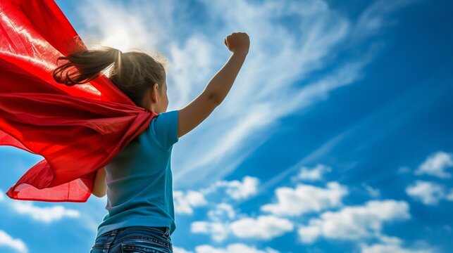 Child in Superhero Cape Against Sky, Symbolizing Power and Dreams. Generative ai