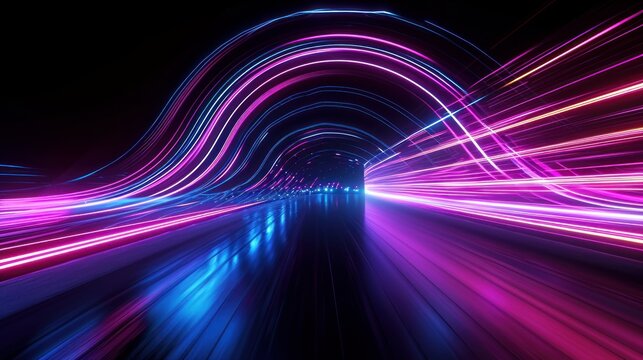 Abstract black background with pink and blue neon glowing lines that move into the distance, curve and fade away. 3d render motion speed of light and hypertunnel. Movement from right to, Generative AI