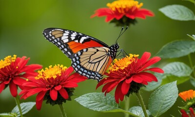 A colorful butterfly lands on red flowers 