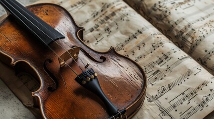 Fototapeta premium Violin on a background of vintage notes. Classical musical instrument