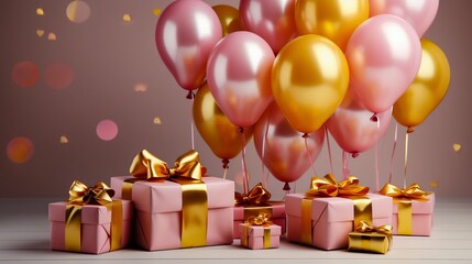 Elegant Celebration Gifts and Balloons in Pastel Tones. Generative ai
