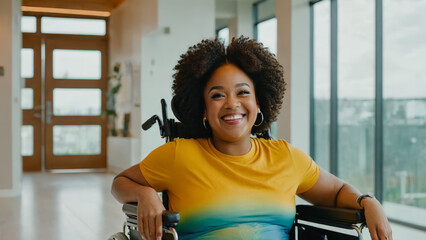 Celebrating Inclusivity: Radiant BIPOC Woman with Disabilities in Wheelchair, Embracing Futuristic Modern Home Interior - Disability Acceptance and Joy Concept, Diversity and Happiness