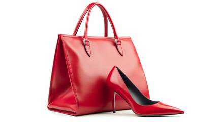 Elegant Red High Heels and Handbag on White Background. Generative ai
