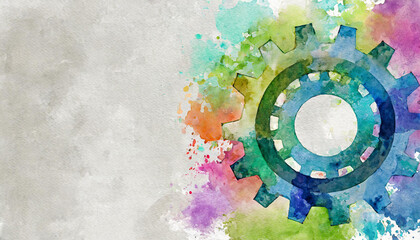 Gear icon, watercolor art, canvas background, copy space on a side