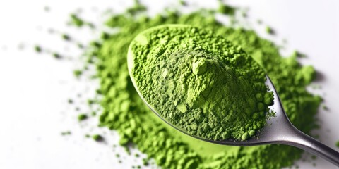 Obraz premium a spoon covered with powdered matcha powder, prepare Japanese green Matcha tea