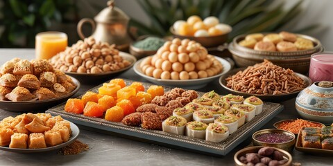 Eid Al-Fitr Sweet Delights: A delightful array of traditional Eid sweets and treats, artfully displayed to tempt the senses, symbolizing the sweetness of the festival, Sweet Delights Eid in delicious