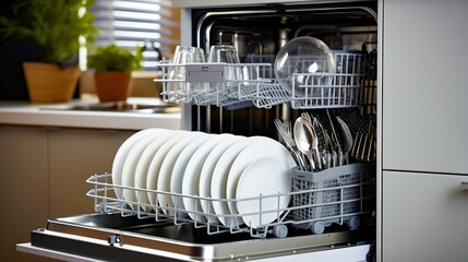 Clean Dishes in Open Dishwasher at Home. Generative ai