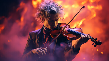 Fototapeta premium Beautiful man playing violin. Male violinist against dark colors background with colorful smoke.