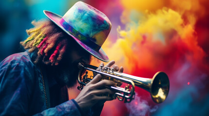 Colorful trumpet with music, powder explosion. Abstract background.