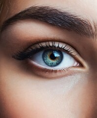 macro shot of a woman with blue eyes and long lashes is looking at the camera with a serious look