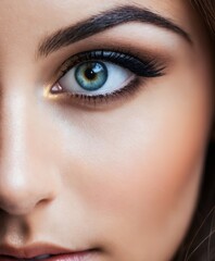 macro shot of a woman with blue eyes and long lashes is looking at the camera with a serious look