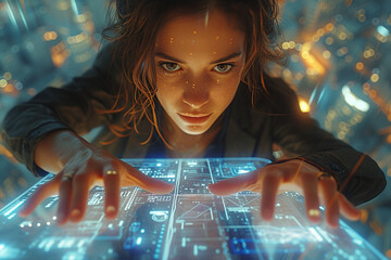 Close-up of a woman's face looking into a light ship holographic wall.