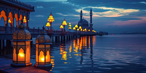 Ramadan Reflections by the Sea: A peaceful seaside scene at dusk, where individuals reflect by the water's edge, lanterns illuminating their serene faces, titled Seaside Reflections - Ramadan