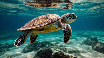 sea turtle swimming in crystal clear ocean waters 