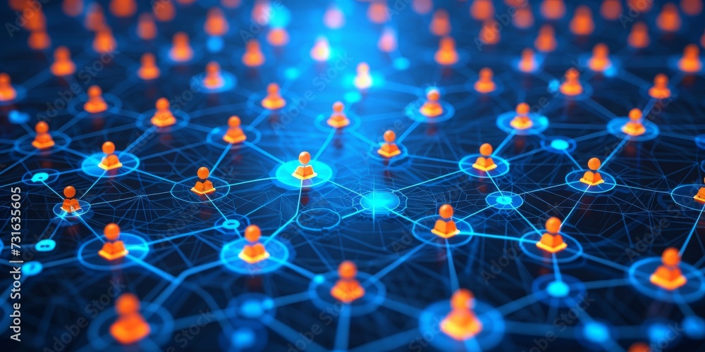 Poster a network of social media profiles interlinked on a futuristic blue and orange grid, generative ai