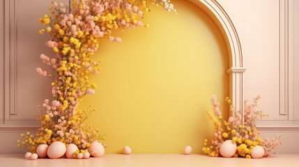 Naklejka na ściany i meble Floral installation with Easter eggs on yellow and pink background. Illustration with space for copy, text, and advertising. Arch decorated with small flowers
