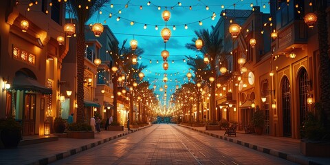 Ramadan in the City: A vibrant city scene at night during Ramadan, with streets lit by lanterns and buildings adorned with lights - obrazy, fototapety, plakaty